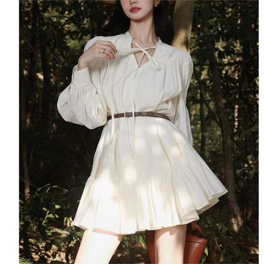 Sixsr  Women Dress Long Sleeve Spring Autumn Vintage Designer Collar Lapel Button Up Ruched Ruffles Cotton White Dresses Female Clothes