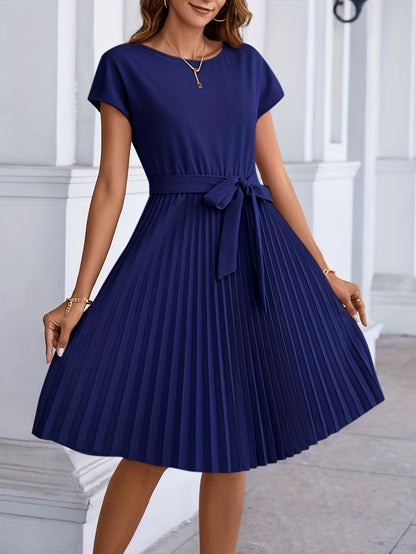 Pleated Tie Front Dress, Casual Short Sleeve Dress For Spring & Summer, Women's Clothing