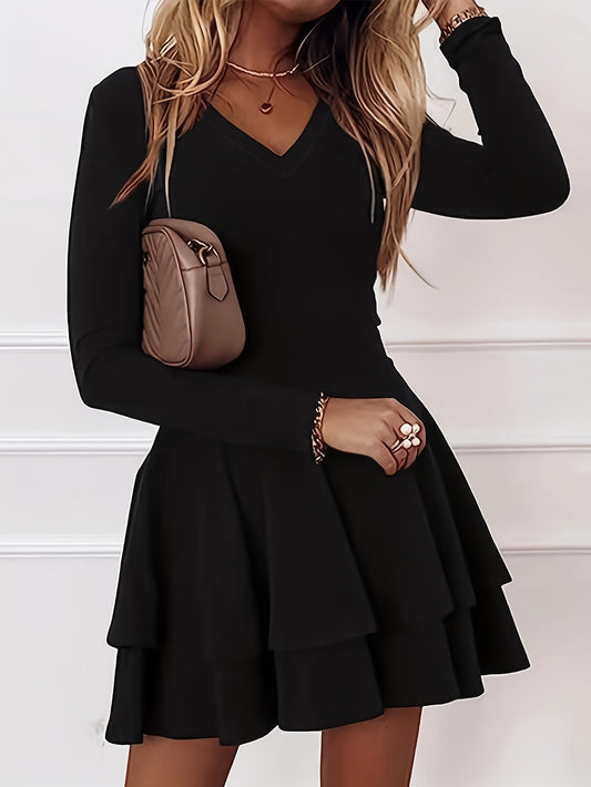 Sixsr Solid Layered Dress, Casual V Neck Long Sleeve Dress, Women's Clothing