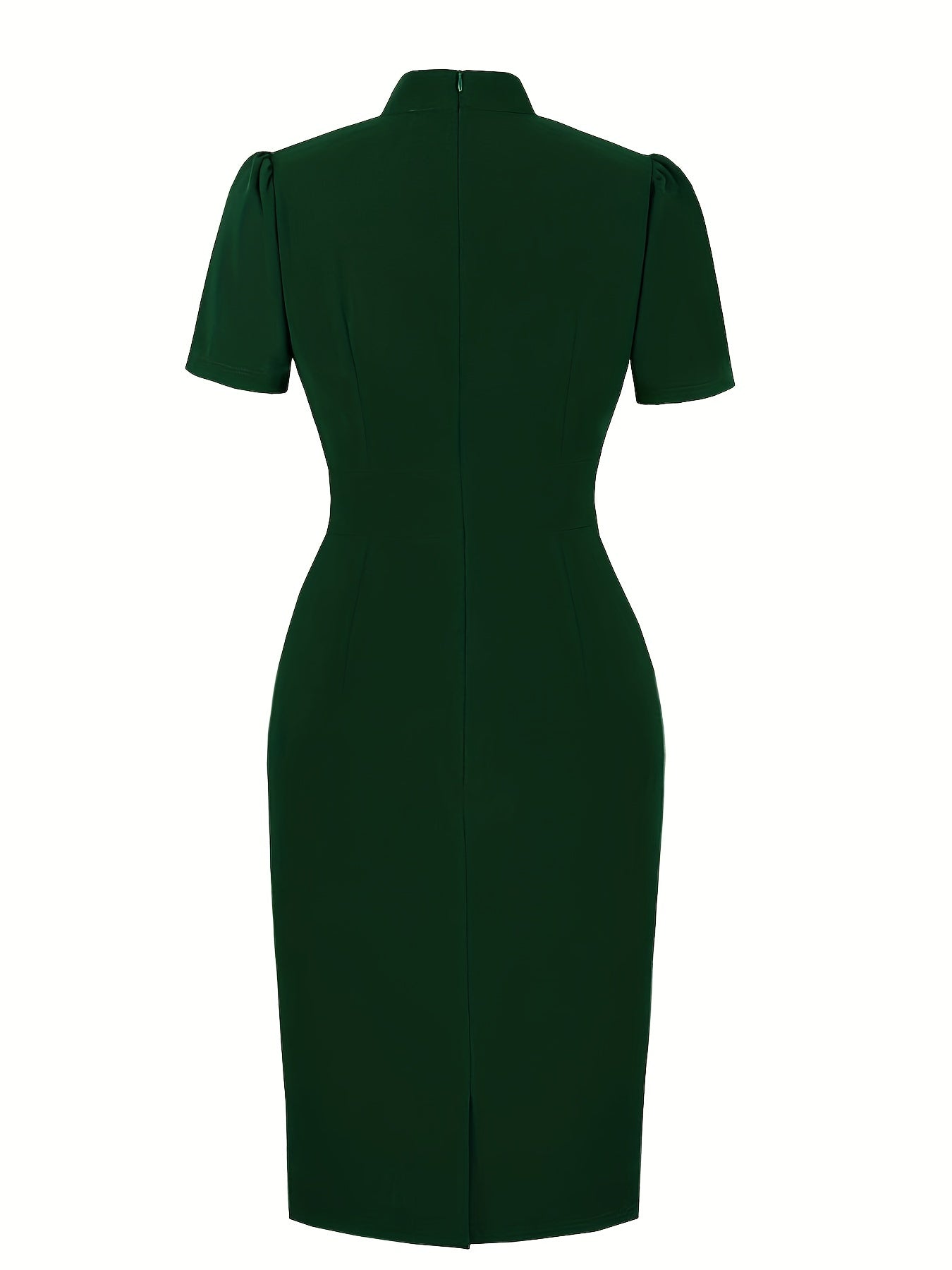 Sixsr Solid Ruched Keyhole Dress, Vintage Stand Collar Short Sleeve Bodycon Dress, Women's Clothing