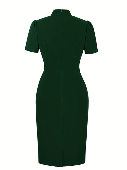 Sixsr Solid Ruched Keyhole Dress, Vintage Stand Collar Short Sleeve Bodycon Dress, Women's Clothing