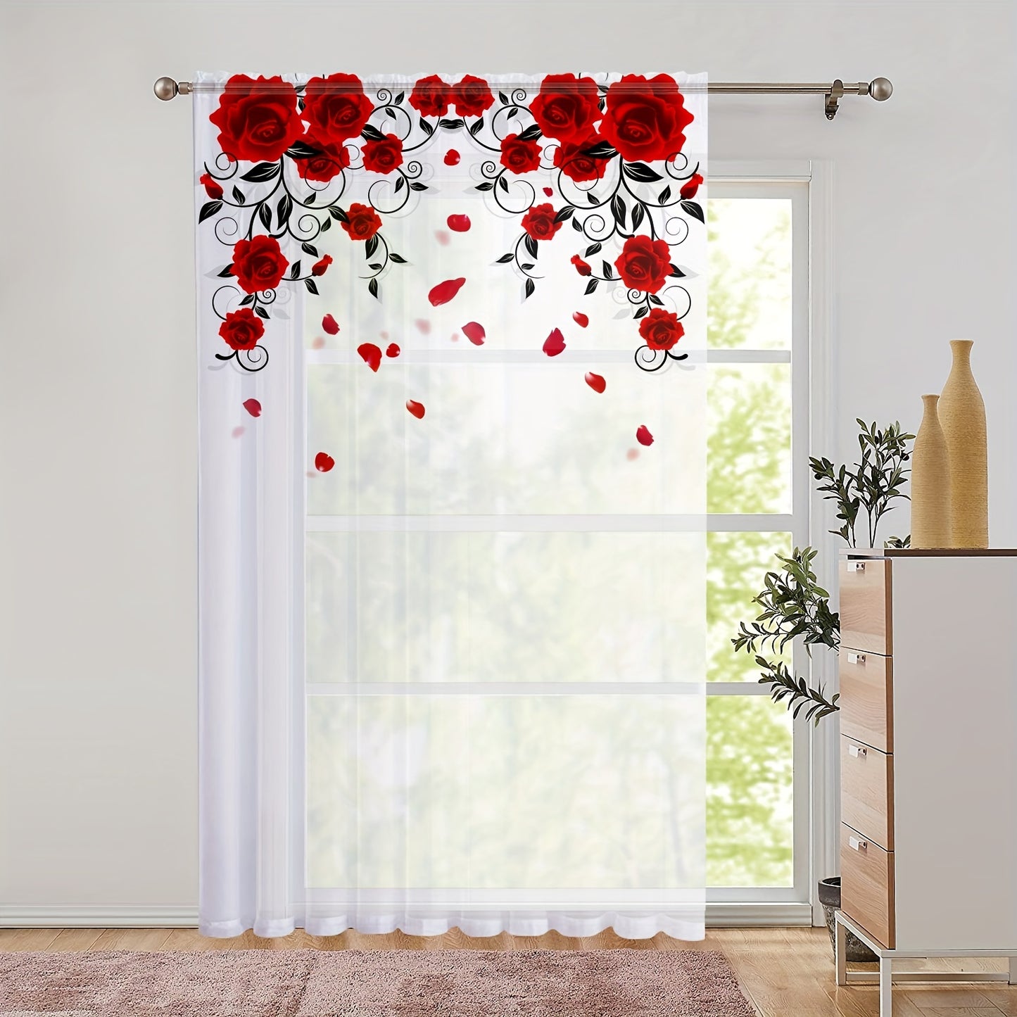 1pc Red Rose Printing Curtain, Rod Pocket Window Treatment For Bedroom Office Kitchen Living Room Study Home Decor, Room Decoration Aesthetic Curtain