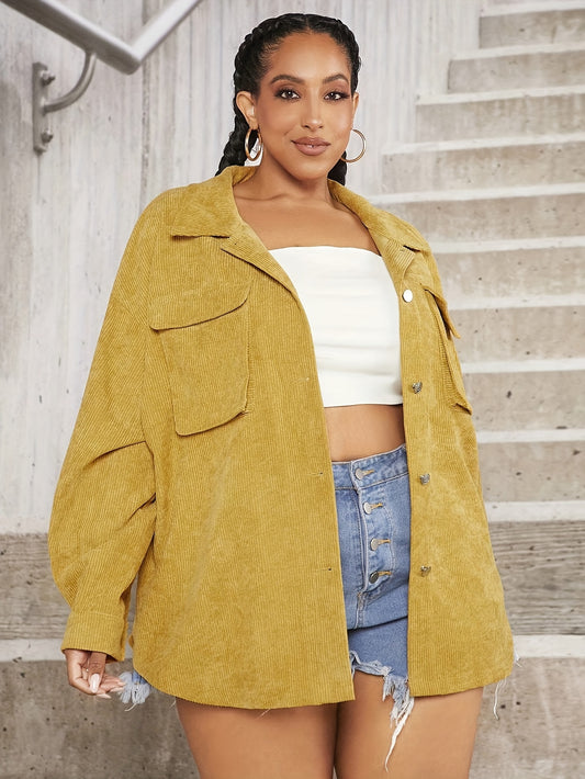 Sixsr Plus Size Casual Coat, Women's Plus Solid Corduroy Long Sleeve Button Up Lapel Collar Loose Fit Coat With Flap Pockets