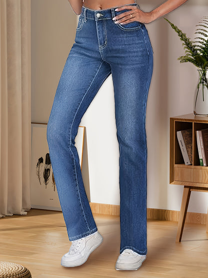 Sixsr High Waist Warm Winter Straight Jeans, High-stretch Fleece Liner Comfortable Denim Pants, Women's Denim Jeans & Clothing