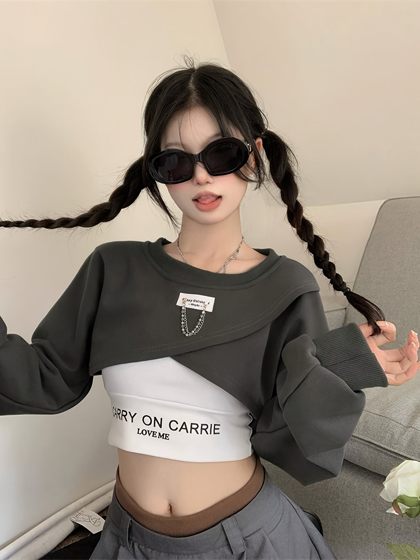 Sixsr Casual Two-piece Top Set, Crop Crew Neck Long Sleeve Sweatshirt & Letter Print Crop Summer Top, Women's Clothing