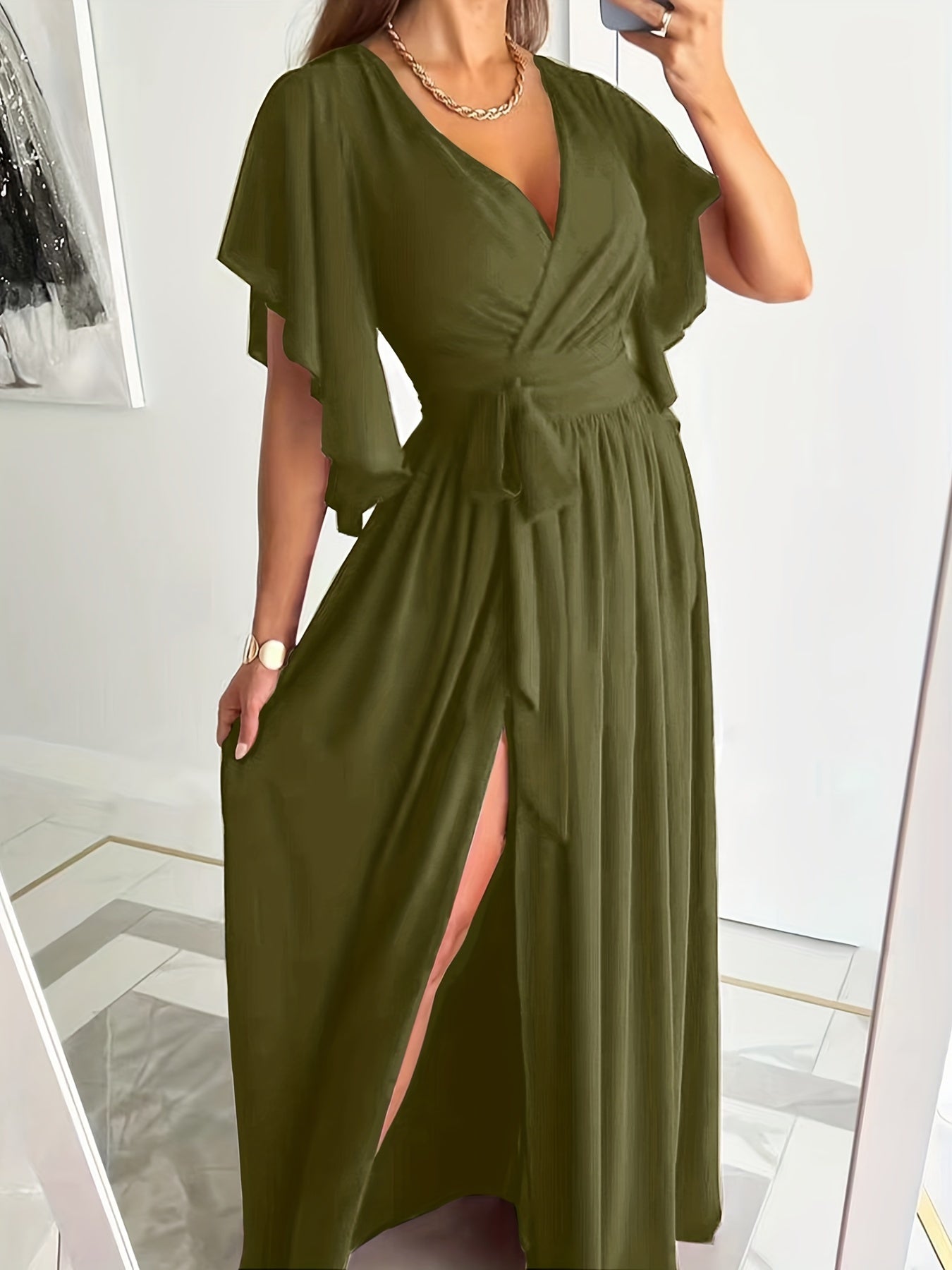 Elegant Plus Size Maxi Dress with Ruffle Sleeves and High Split Hem - Perfect for Special Occasions