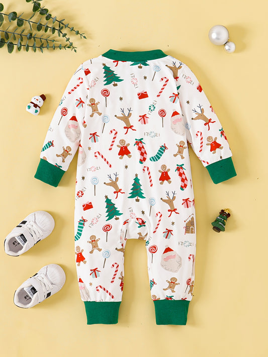 Baby's Cartoon Christmas Element Full Print Casual Long Sleeve Romper, Toddler & Infant Boy's outdoor Bodysuit