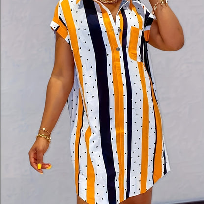 Women's Plus Size Dot & Stripe Print Button Up Shirt Dress with Short Sleeves and Turn Down Collar - Comfortable and Stylish