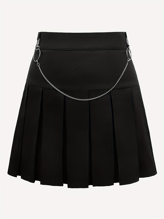 Sixsr Solid High Waist Pleated Skirt, Casual A Line Mini Skirt With Chain Detail, Women's Clothing