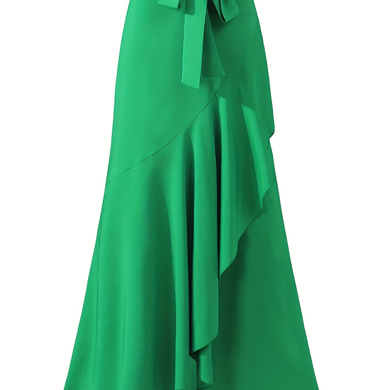 Plus Size Elegant Skirt, Women's Plus Tie Front Ruffle Trim Wrap Hem Solid Maxi Skirt