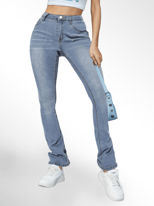 Sixsr Water Ripple Embossed Crotch Bootcut Jeans, Medium Blue Causal Stretchy Denim Pants, Women's Denim Jeans & Clothing