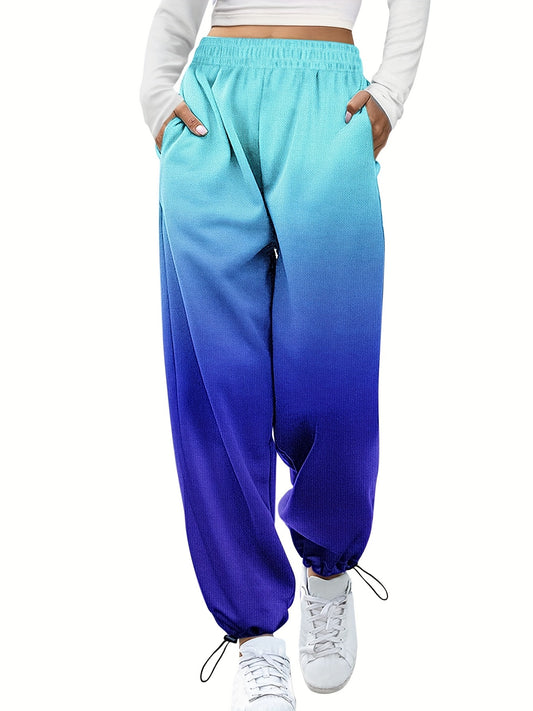 Sixsr Plus Size Sporty Pants, Women's Plus Ombre Print Shirred Waist Drawstring Joggers With Pockets