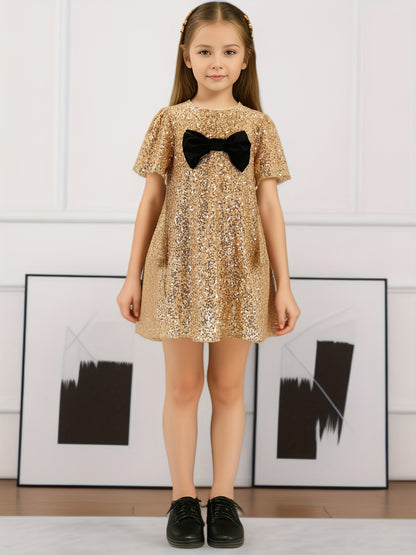 Cute Girls Sequin Bow Decor Short Sleeve Dress For Summer Party Performance Gift