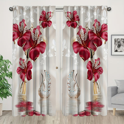 2pcs Floral Printed Curtains, Rod Pocket Window Drapes, Window Treatments For Bedroom Living Room, Home Decoration, Room Decoration