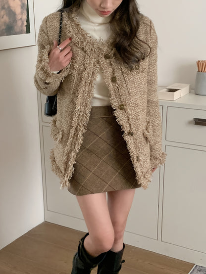 Sixsr Raw Trim Button Front Coat, Chic Long Sleeve Pocket Coat For Fall & Winter, Women's Clothing
