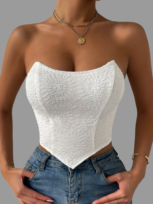 Sixsr Floral Pattern Solid Tube Top, Casual Off Shoulder Hanky Hem Tube Top, Women's Clothing