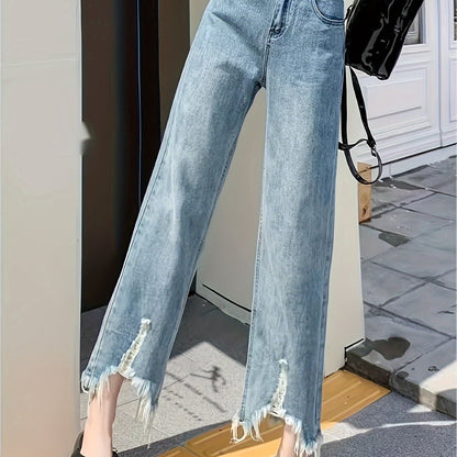 Sixsr Frayed Raw Trim Wide Leg Jeans, High Waist Slant Pocket Elegant Loose Denim Pants, Women's Denim Jeans & Clothing