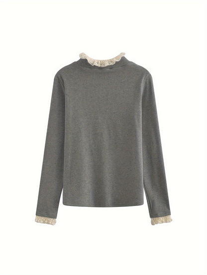 Sixsr Contrast Lace Mock Neck T-Shirt, Casual Long Sleeve T-Shirt For Spring & Fall, Women's Clothing