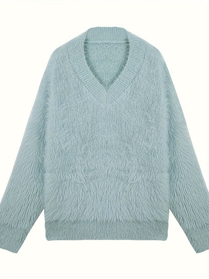 Sixsr Solid V Neck Knit Sweater, Elegant Long Sleeve Pullover Sweater For Fall & Winter, Women's Clothing