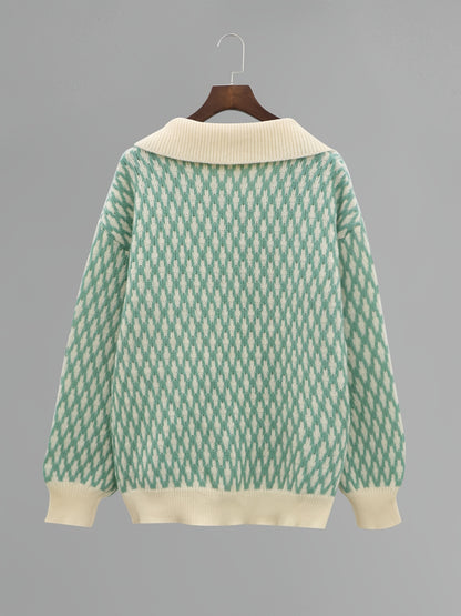 Sixsr Allover Pattern Flat Collar Pullover Sweater, Casual Long Sleeve Sweater, Women's Clothing