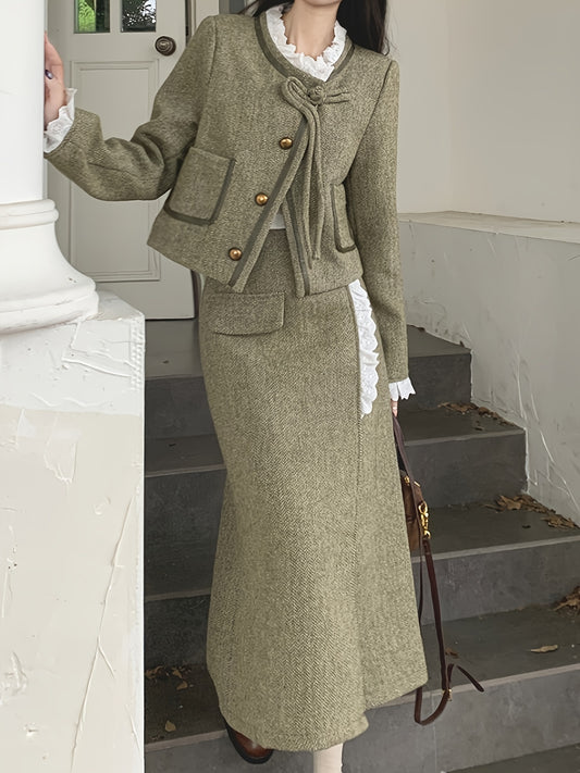 Sixsr Single Breasted Patched Pockets Jacket, Vintage Long Sleeve Outwear For Fall & Winter, Women's Clothing