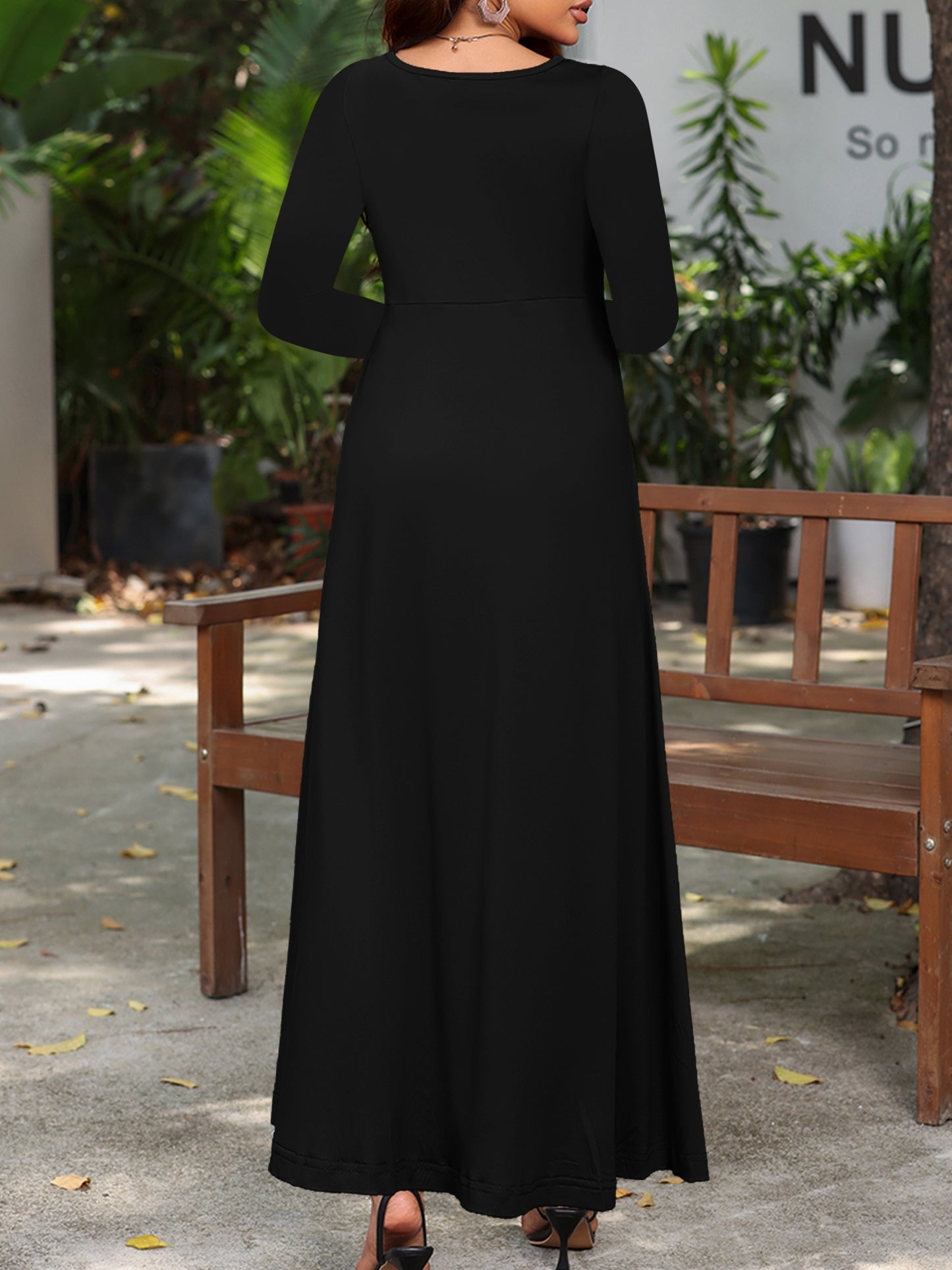 Sixsr Plus Size Casual Dress, Women's Plus Solid Long Sleeve Round Neck High Stretch Maxi Dress