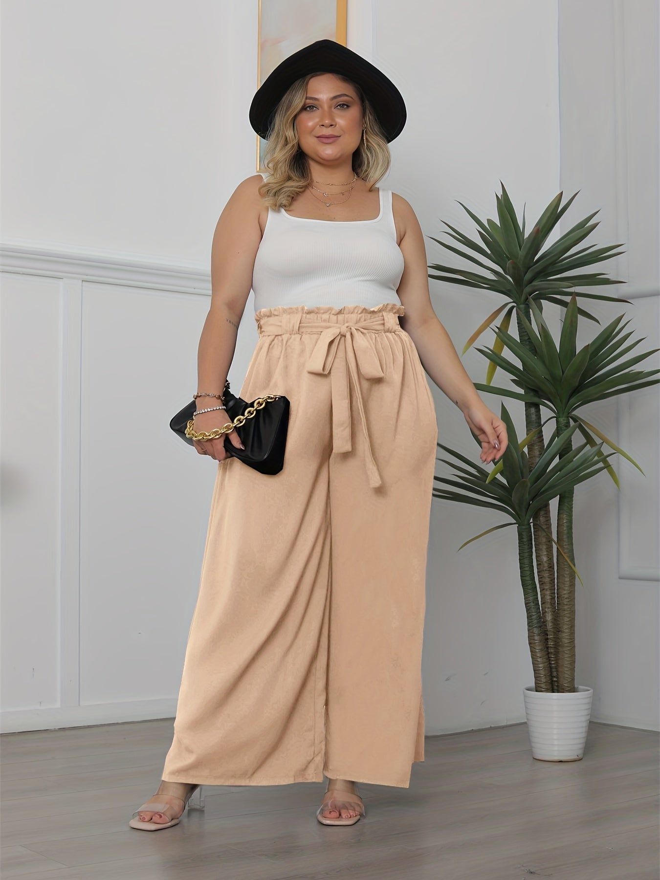 Sixsr Plus Size Elegant Pants, Women's Plus Solid Ruffle Trim Elastic High Rise Slight Stretch Wide Leg Trousers With Belt