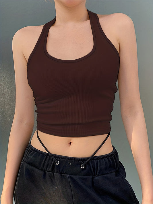 Sixsr Halter Neck Crop Sweater Vest, Sexy Backless Casual Sweater For Spring & Summer, Women's Clothing