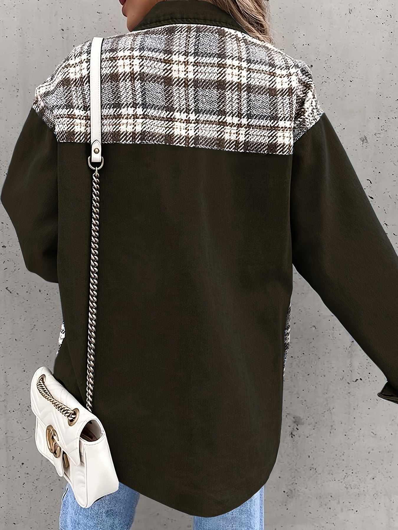 Sixsr Plaid Print Splicing Jacket, Casual Button Front Long Sleeve Outerwear, Women's Clothing