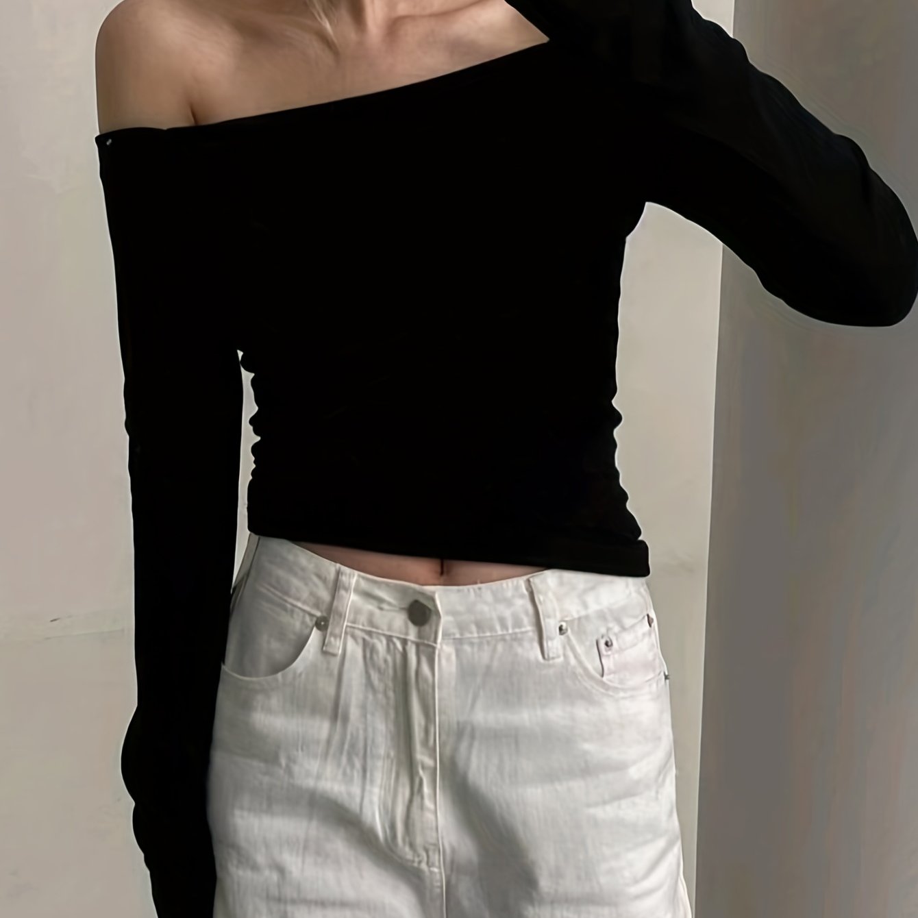 Sixsr Solid Off Shoulder T-Shirt, Casual Slim Long Sleeve Top For Spring & Fall, Women's Clothing