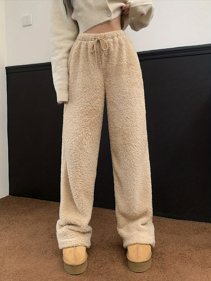 Sixsr Solid Teddy Drawstring Pants, Casual Straight Leg High Waist Pants, Women's Clothing