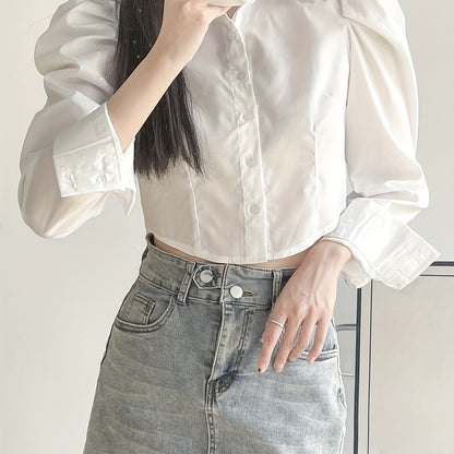 Sixsr Puff Sleeve Button Front Blouse, Casual Solid Color Lapel Crop Blouse For Spring & Fall, Women's Clothing