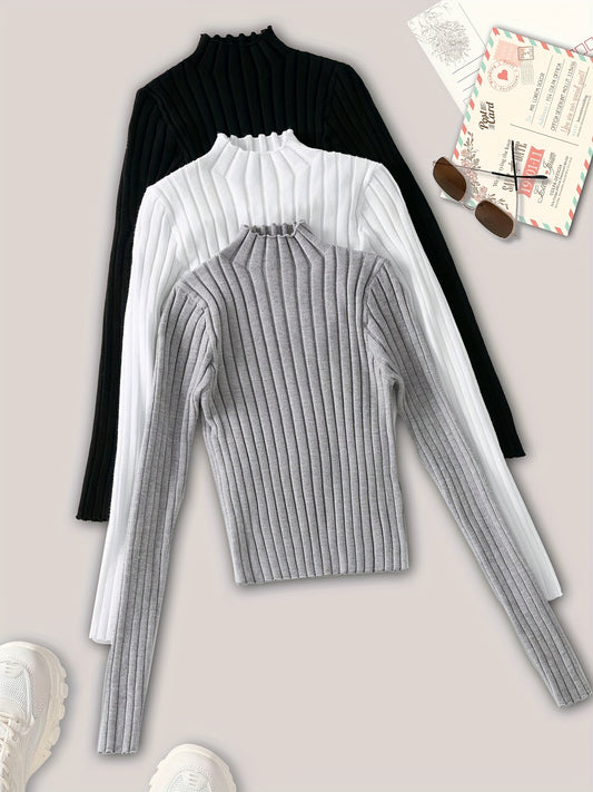 Sixsr 3 Packs Solid Color Stand Collar Ribbed Pullover Sweater, Elegant Long Sleeve Knitted Sweater For Every Day, Women's Clothing