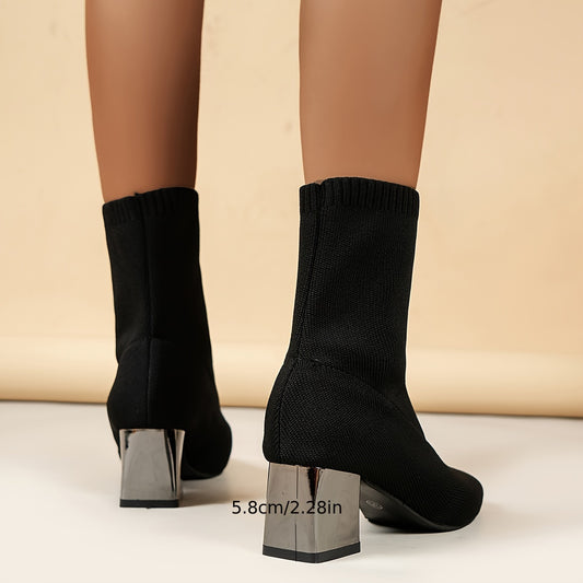 Sixsr Women's Solid Color Knitted Boots, Slip On Chunky Heel Stretch Boots, Point Toe Versatile Slim Boots