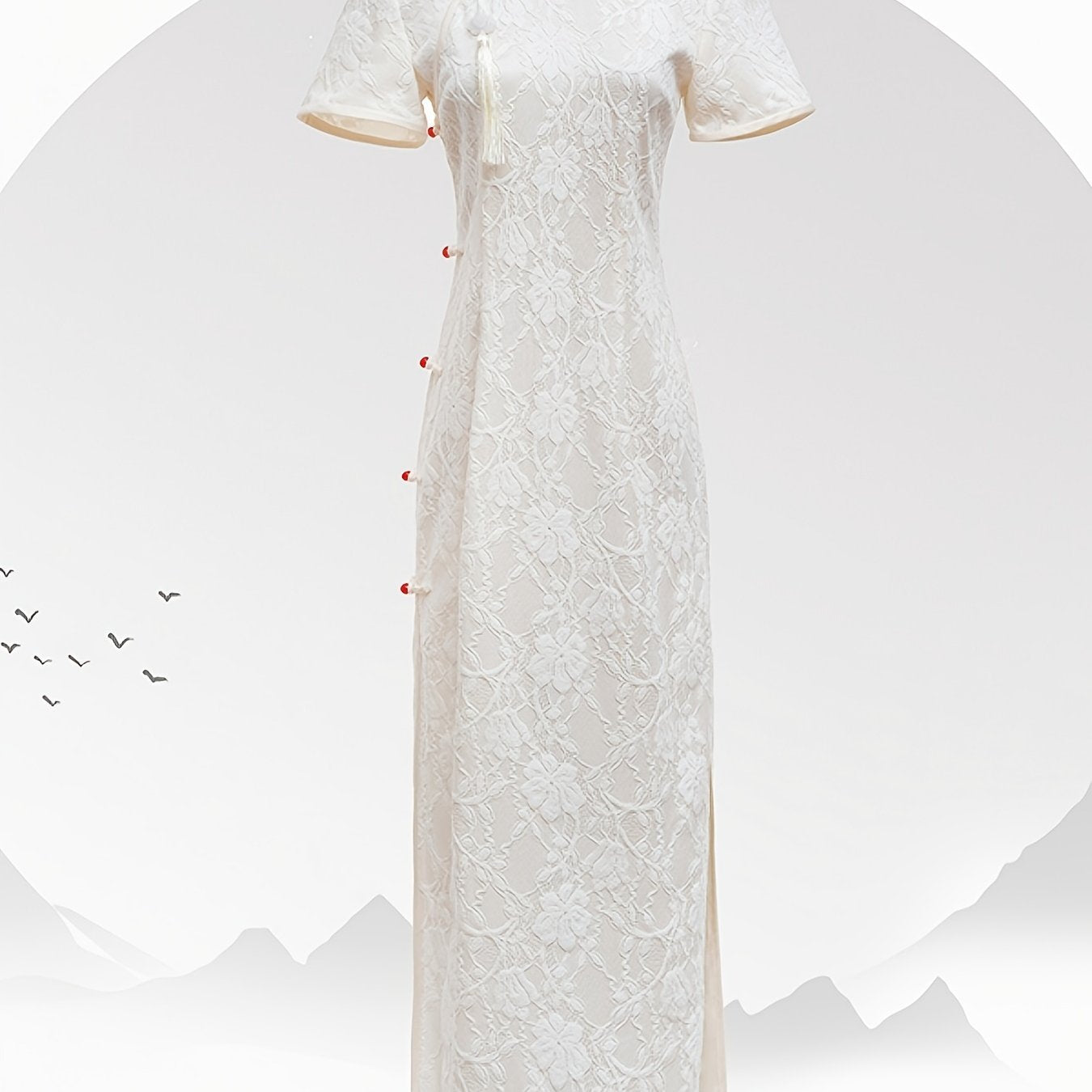 Elegant Chinese Vintage Lace Cheongsam - Short Sleeve Mandarin Collar Dress for Women