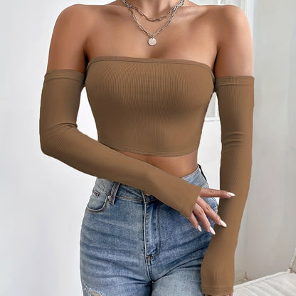 Sixsr Y2K Off Shoulder Solid Crop Top, Sexy Long Sleeve Bodycon Fit T-shirt, Women's Clothing