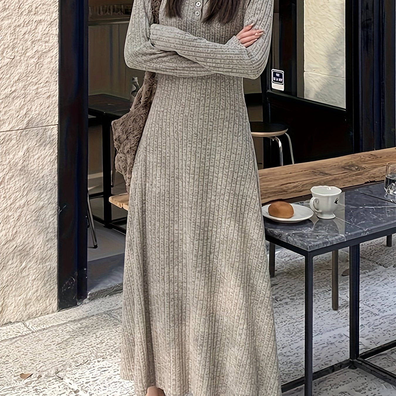 Sixsr Button Front Crew Neck Dress, Versatile Long Sleeve Solid Dress For Spring & Fall, Women's Clothing