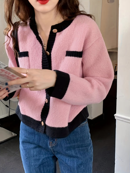 Sixsr Contrast Trim Knitted Cardigan, Elegant Button Front Long Sleeve Cardigan, Women's Clothing