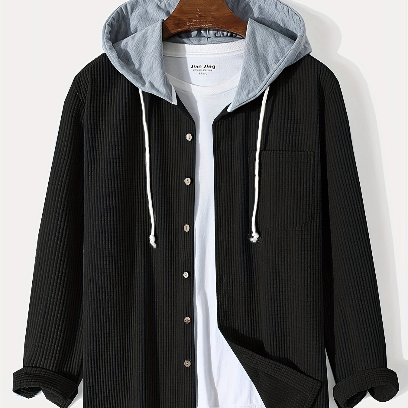 Sixsr Waffle Pattern Hoodie Shirt Coat For Men Long Sleeve Casual Regular Fit Button Up Hooded Shirts Jacket