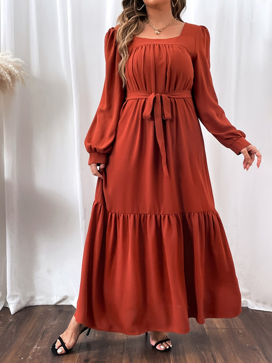 Sixsr Plus Size Shirred Square Neck Lantern Sleeve Smock Maxi Dress, Women's Plus Solid Elegant Long Dress
