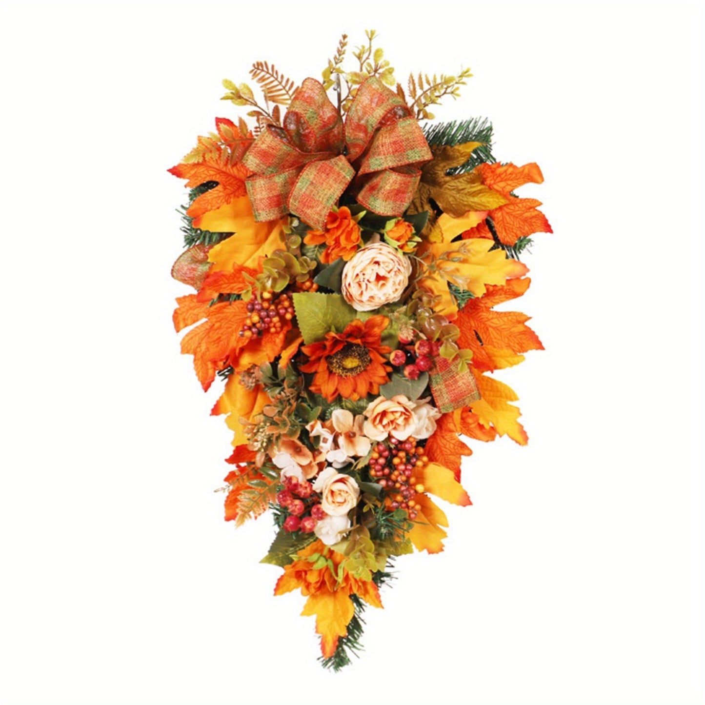 21" Fall Wreath for Front Door Decor with Sunflowers, Peony, Maple Leaves and Berries Autumn Harvest Thanksgiving Decoration