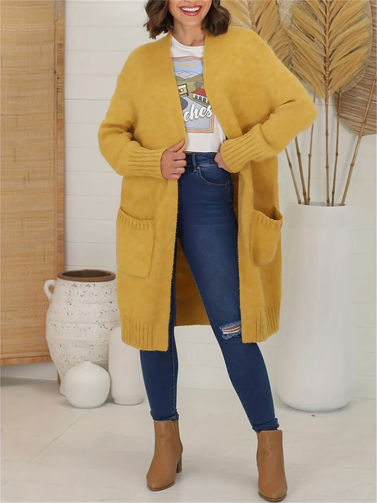Solid Open Front Knitted Cardigan, Casual Long Sleeve Cardigan With Pockets For Fall & Winter, Women's Clothing