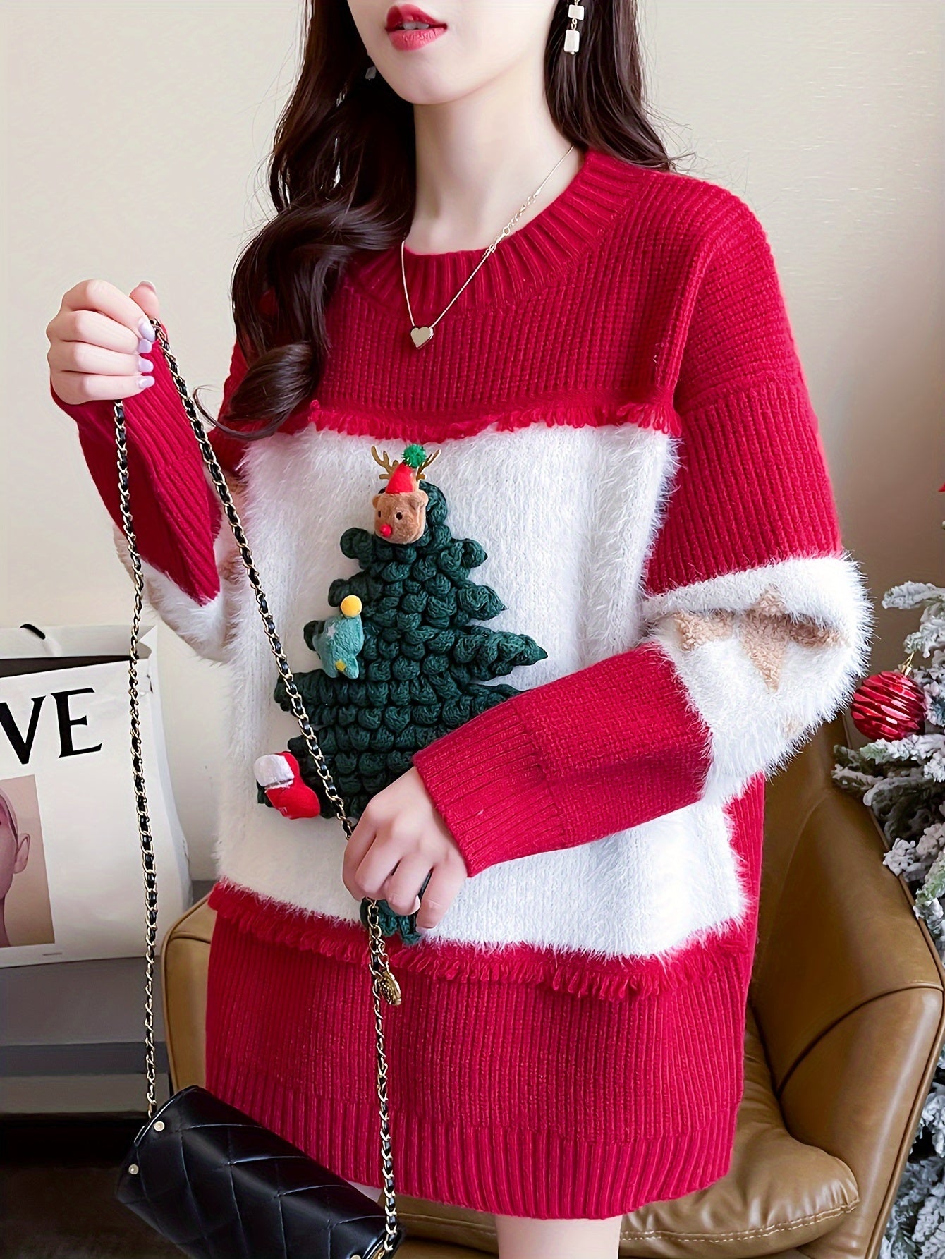 For Fall & Winter, Casual Long Sleeve Christmas Tree Decor Crew Neck Sweater, Women's Clothing