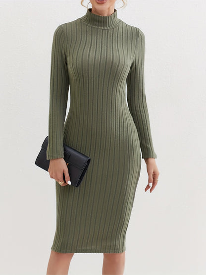 Sixsr Ribbed High Neck Dress, Elegant Solid Long Sleeve Bodycon Dress, Women's Clothing