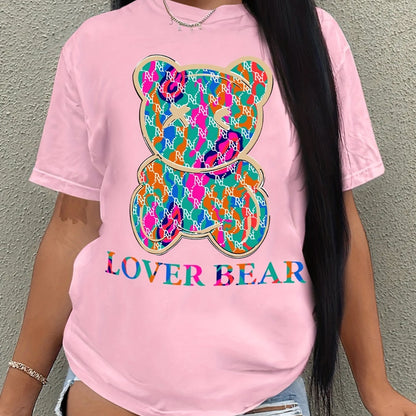 Bear Print Crew Neck T-Shirt, Casual Short Sleeve T-Shirt For Spring & Summer, Women's Clothing