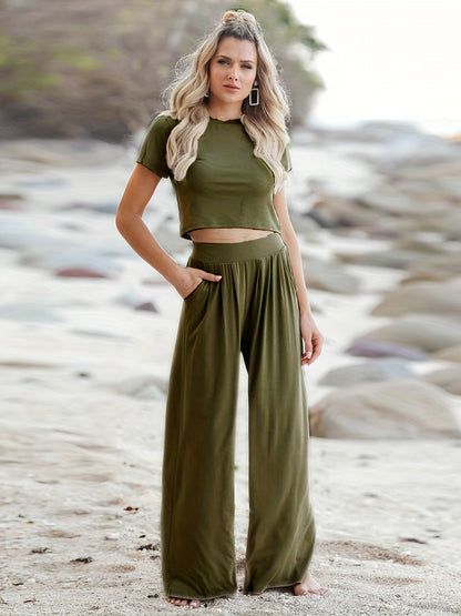 Casual Matching Two-piece Set, Short Sleeve T-shirt & Wide Leg Pants Outfits, Women's Clothing