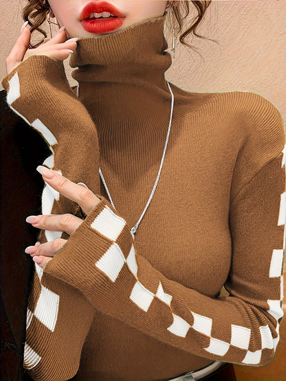 Sixsr Plaid Turtle Neck Pullover Sweater, Casual Long Sleeve Slim Versatile Sweater, Women's Clothing