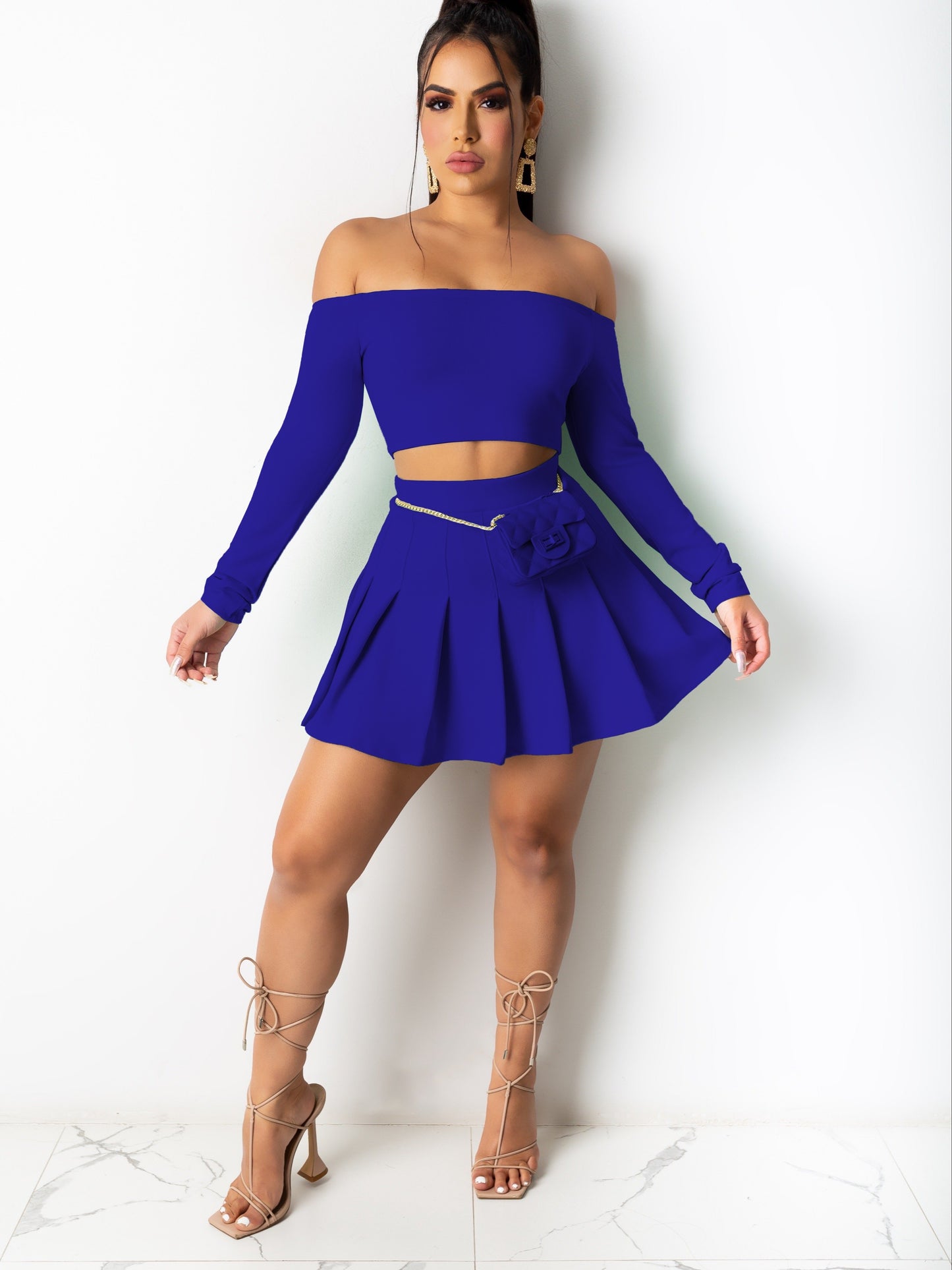 Sixsr  Solid Elegant Two-piece Set, Off Shoulder Long Sleeve Crop Top & Pleated Mini Skirt Outfits, Women's Clothing