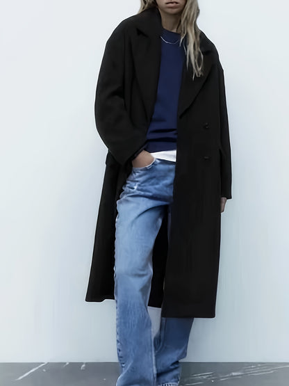 Sixsr Solid Double Breasted Lapel Overcoat, Elegant Long Sleeve Winter Warm Outwear, Women's Clothing