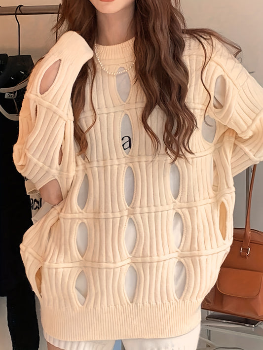 Sixsr Solid Cut Out Pullover Sweater, Casual Long Sleeve Loose Stylish Sweater, Women's Clothing